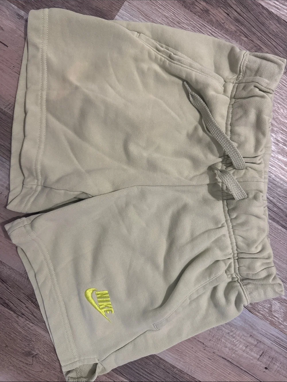 Nike Kids Light Olive Drawstring Shorts with Neon Logo